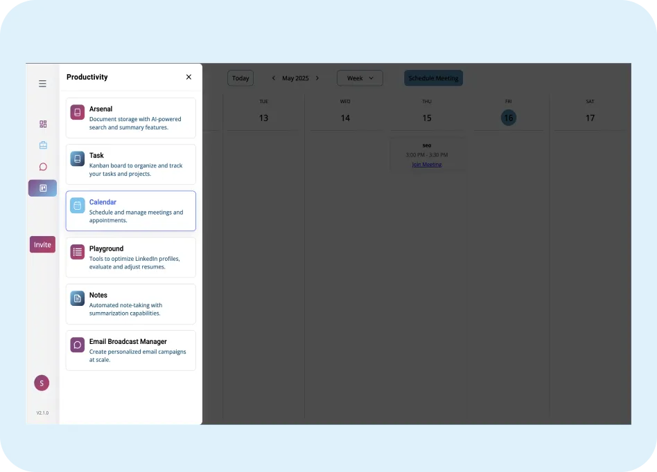 Productivity interface of ORO AI’s Meeting Manager showcasing calendar features, options to schedule meetings, and a highlighted meeting slot for SEO on May 16, 2025